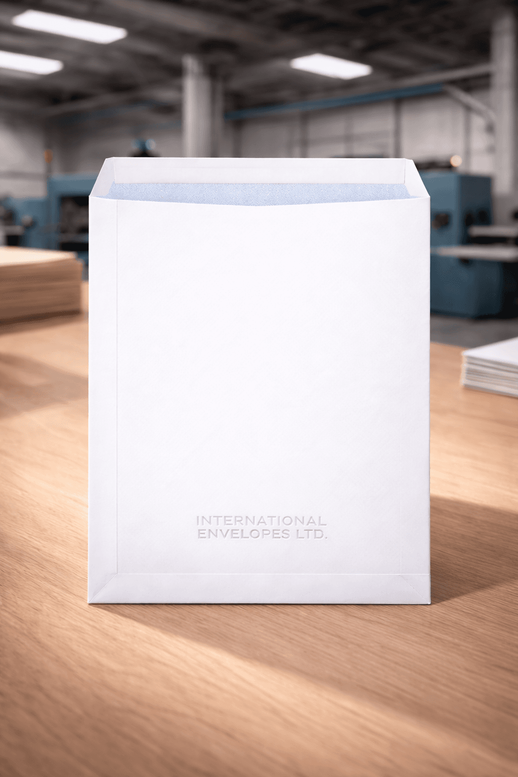White envelope embossed with INTERNATIONAL ENVELOPES LTD. standing upright on a wooden factory table.